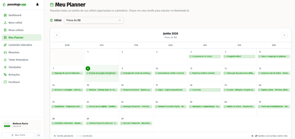 Meu Planner — calendário com tarefas organizadas por edital